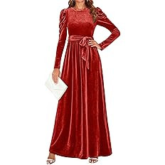 ZESICA Women's Velvet Maxi Dress Fall 2025 Long Puff Sleeve Crew Neck Elastic High Waist Cocktail... | Amazon (US)