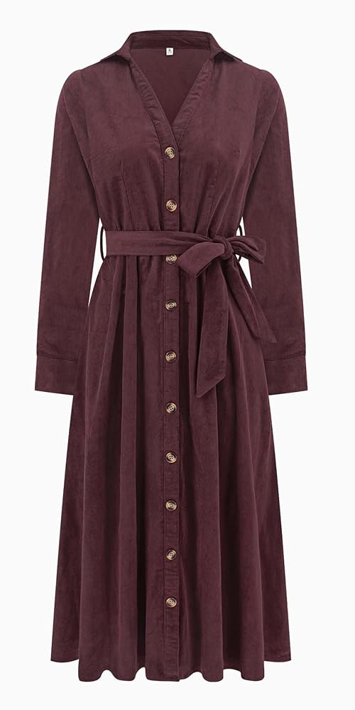 R.Vivimos Womens Fall Winter Corduroy Midi Dress Long Sleeve V Neck Button Down Belted Flowy Shir... | Amazon (US)