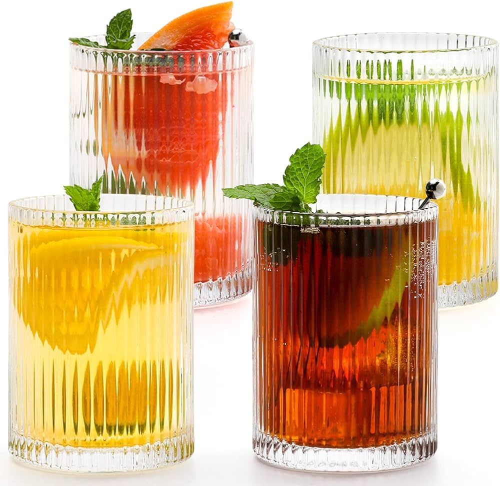 Swetwiny Vintage Ribbed Glassware Origami Style Glass Cup Set of 4, Ripple Highball Glasses Iced ... | Amazon (US)