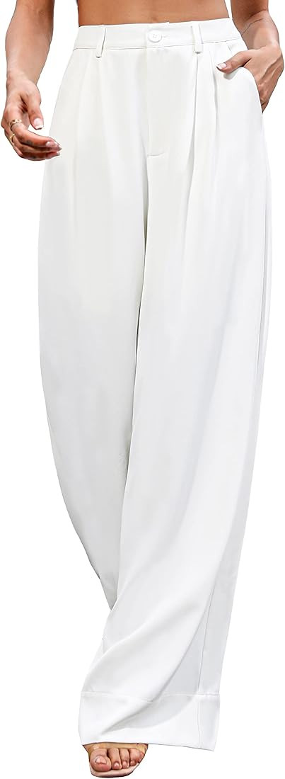 SIFLIF Women Casual Wide Leg Pants Button Down Straight Long Trousers Pants Elastic High Waist Dr... | Amazon (US)