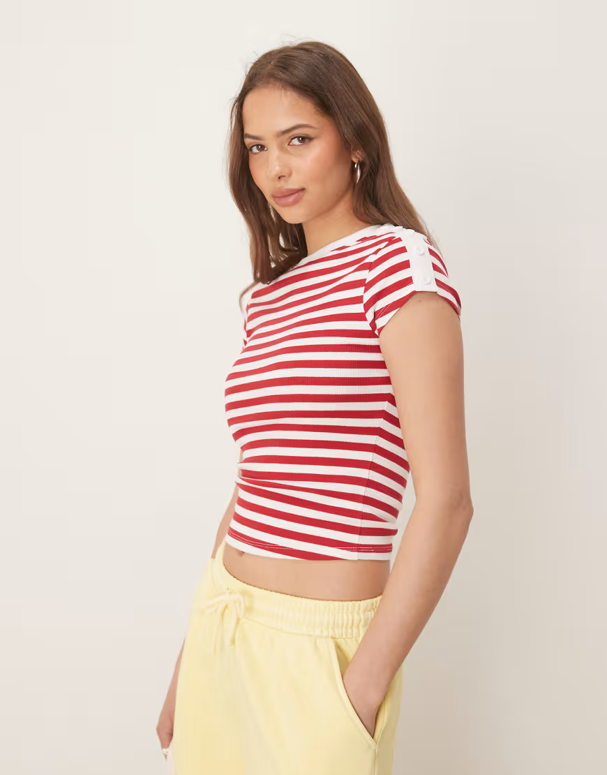 ASOS DESIGN rib baby tee with button detail in red and cream stripe-Multi | ASOS (Global)