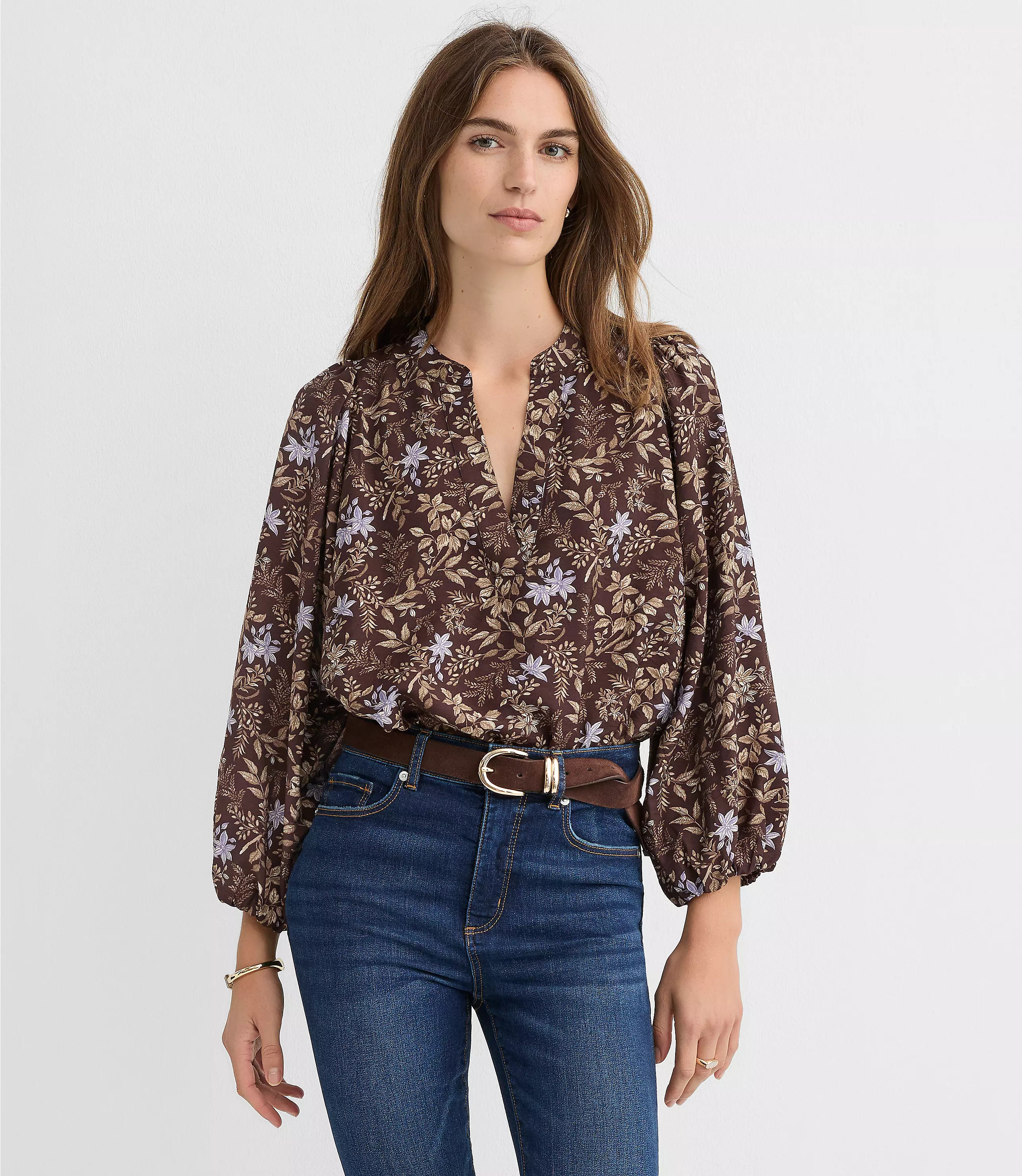 Garden Blouson Sleeve Split Neck Blouse | LOFT