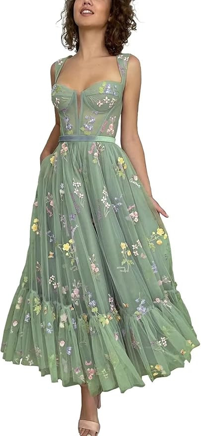Puffy Sleeve Prom Dresses Flower Embroidery Tulle Backless A-line Lace Formal Evening Party Gown ... | Amazon (US)