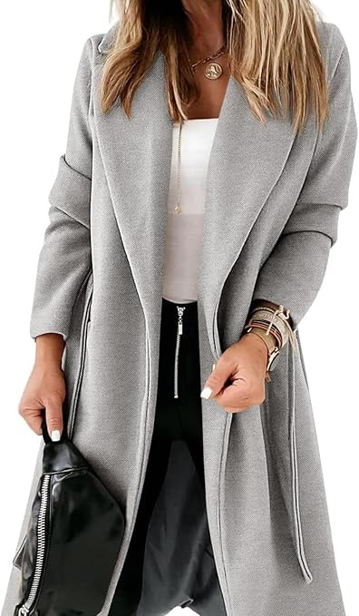 Womens Classic Coat Lapel Collar Open Front Belted Long Jacket | Amazon (US)