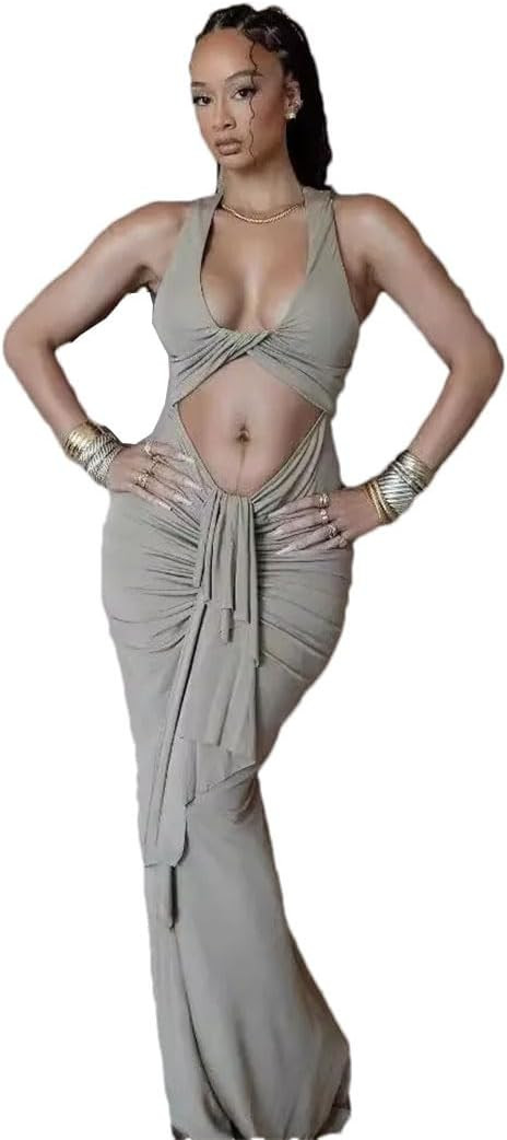 Women Sexy Hanging Collar Hollow Out Long Dress Pleated Lace Up Slim Dress | Amazon (US)