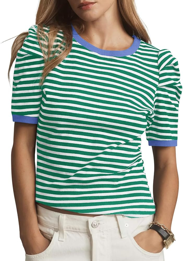 Tankaneo Womens Short Puff Sleeve Tops Trendy Striped Color Block T Shirts Crewneck Casual Shirts | Amazon (US)