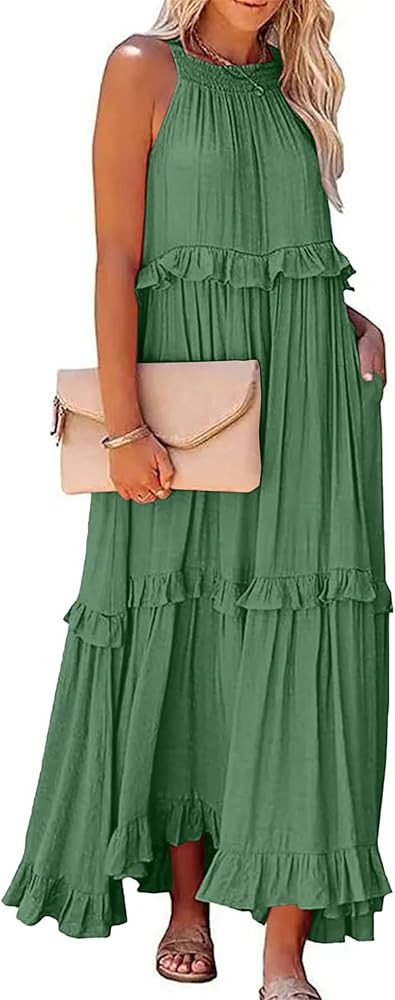 Women's Summer Maxi Dress Casual Boho Sleeveless Spaghetti Strap Smocked Tiered Long Beach Sexly ... | Amazon (US)