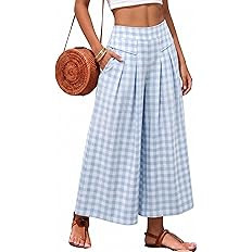 Athlisan Womens Summer Gingham Plaid Culottes Pants Elastic Waist Wide Leg Capri Pants Palazzo Tr... | Amazon (US)