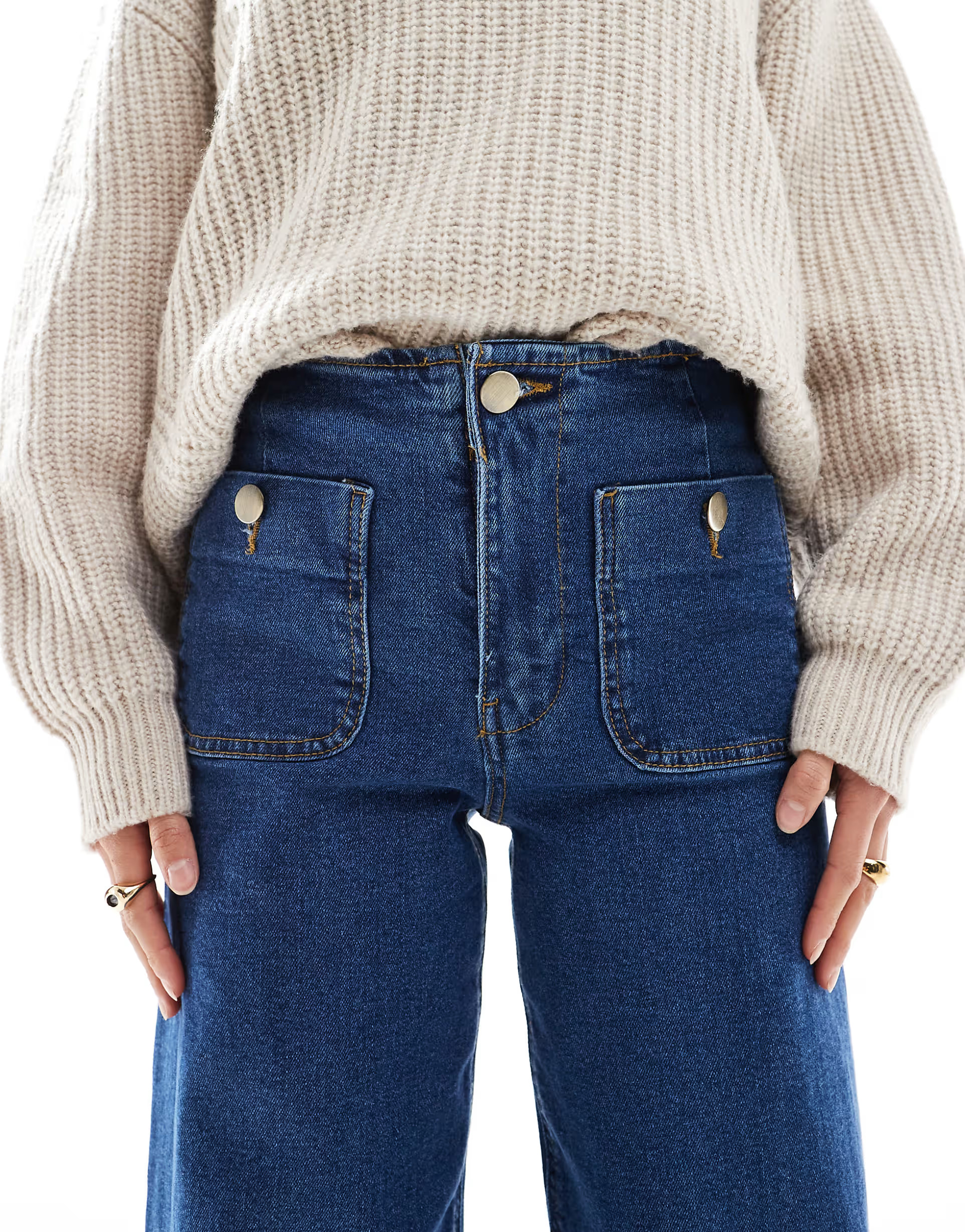 Stradivarius Petite D77 staight leg jean with button detail in dark wash | ASOS | ASOS (Global)