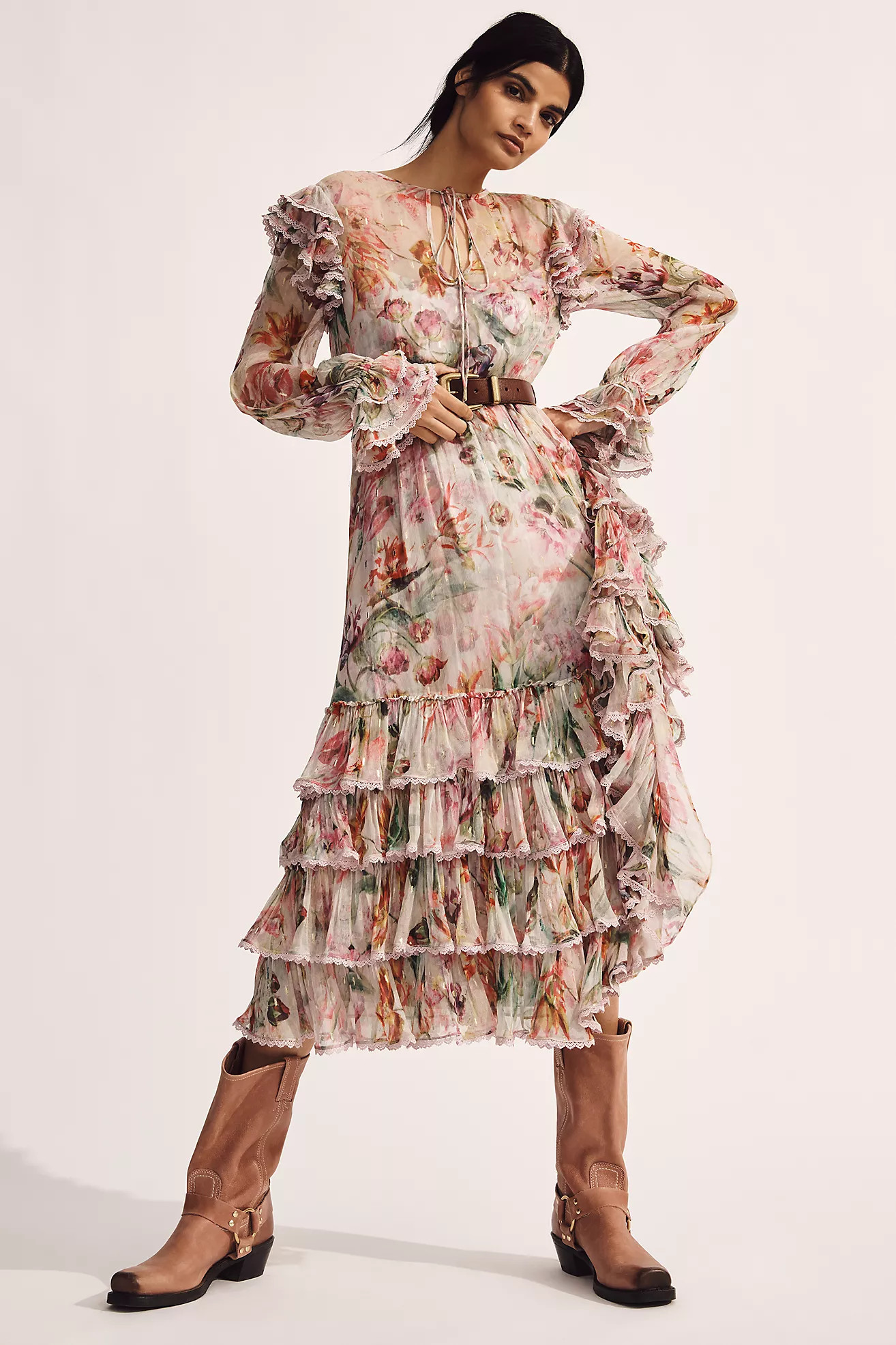 Mac Duggal Floral Chiffon Tie-Neck Tiered Midi Dress | Anthropologie (US)