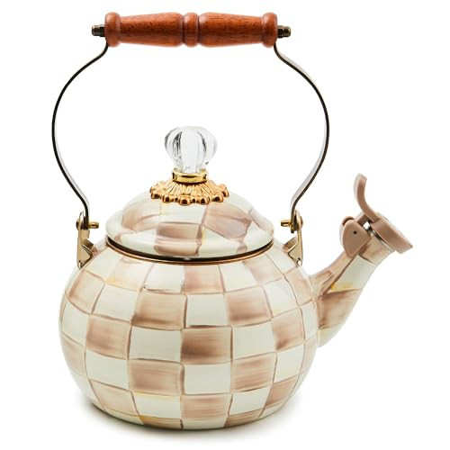 MACKENZIE-CHILDS Enamel Whistling Tea Kettle, Decorative Teapot for Stovetop, Brown-and-White Mocha Check | Amazon (US)
