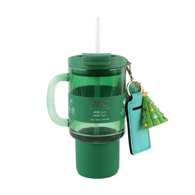Cook With Color 24oz Glass Water Bottle Cup with Lid and Straw, Christmas Tree | Walmart (US)