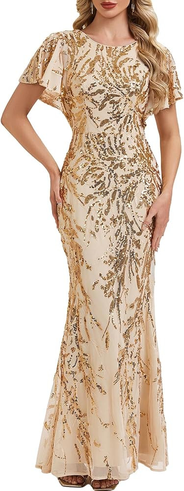 Ever-Pretty Round Neck Sequin Formal Dresses for Women Short Sleeves Mermaid Evening Gowns Mother... | Amazon (US)