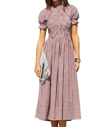 RIHOAS Plaid Gingham Midi Dress Short Sleeve Smocked Dresses for Women | Amazon (US)
