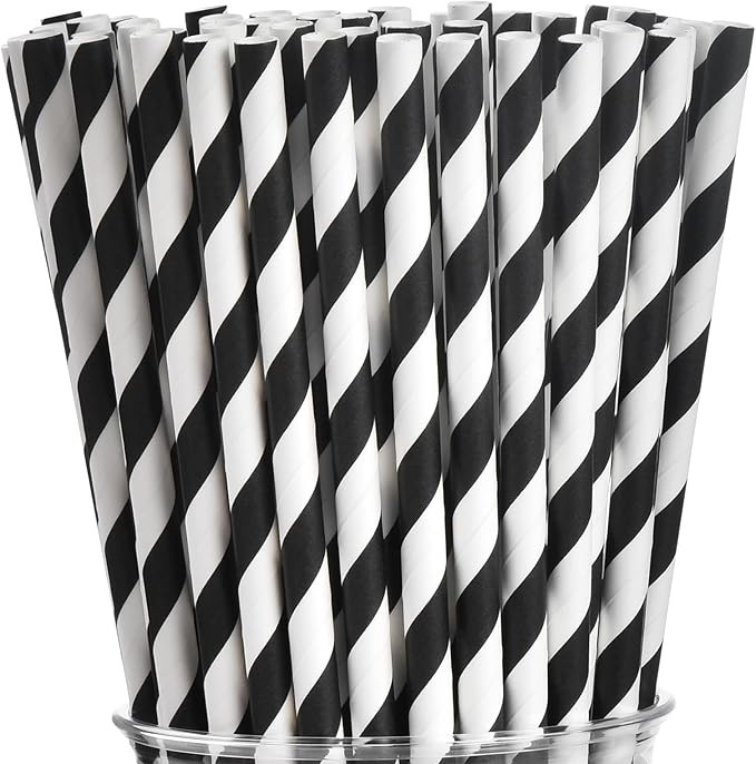ALINK Black Paper Straws - 100 pcs Biodegradable Black and White Striped Drinking Straws for Part... | Amazon (US)