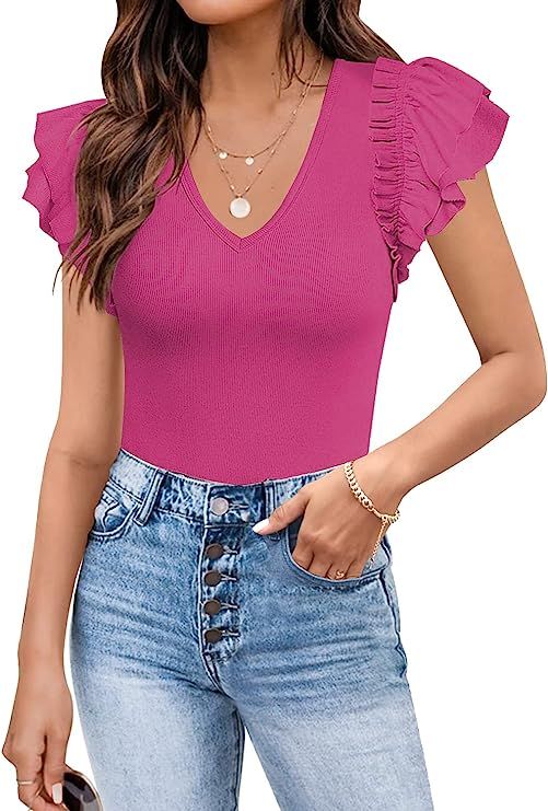 MISSJOY Womens V Neck Ruffle Short Sleeve Ribbed Slimming Basic Bodysuit Leotards Tops Blouses | Amazon (US)