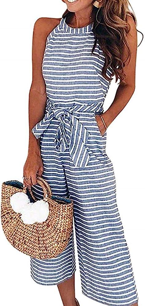 Goodiyou Women Casual Striped Sleeveless Waist Belted Wide Leg Short Pants Jumpsuit with Pockets | Amazon (US)