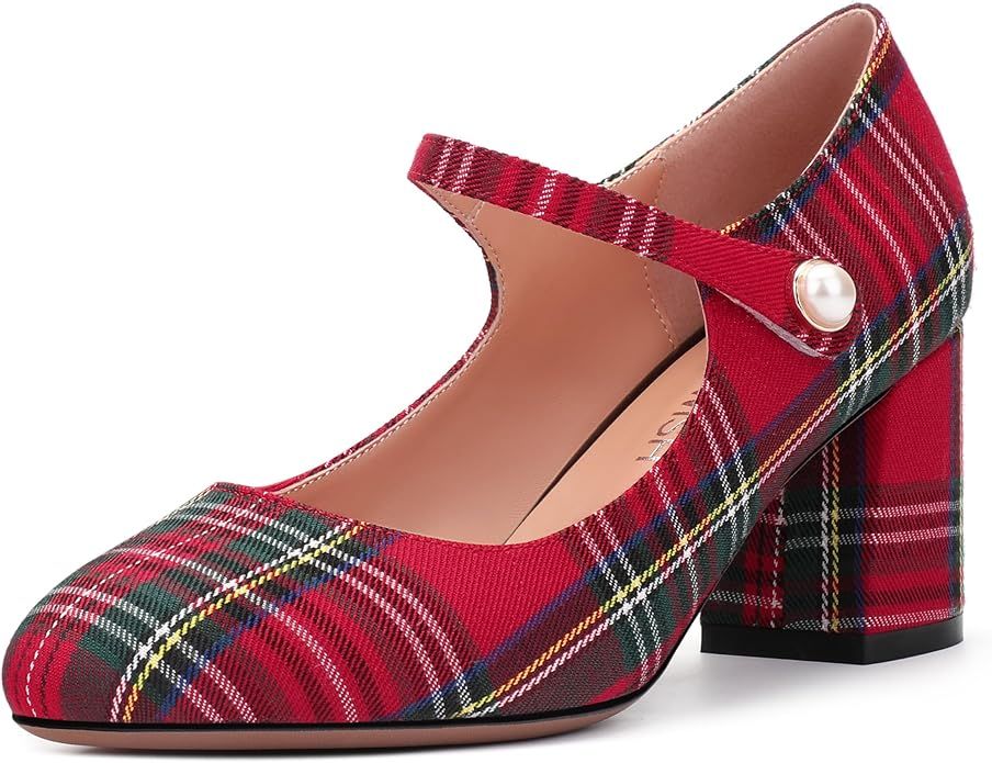 ROSERWISH Womens Wedding Round Toe Ankle Strap Patent Fashion Velcro Block Mid Heel Pumps Shoes 2... | Amazon (US)