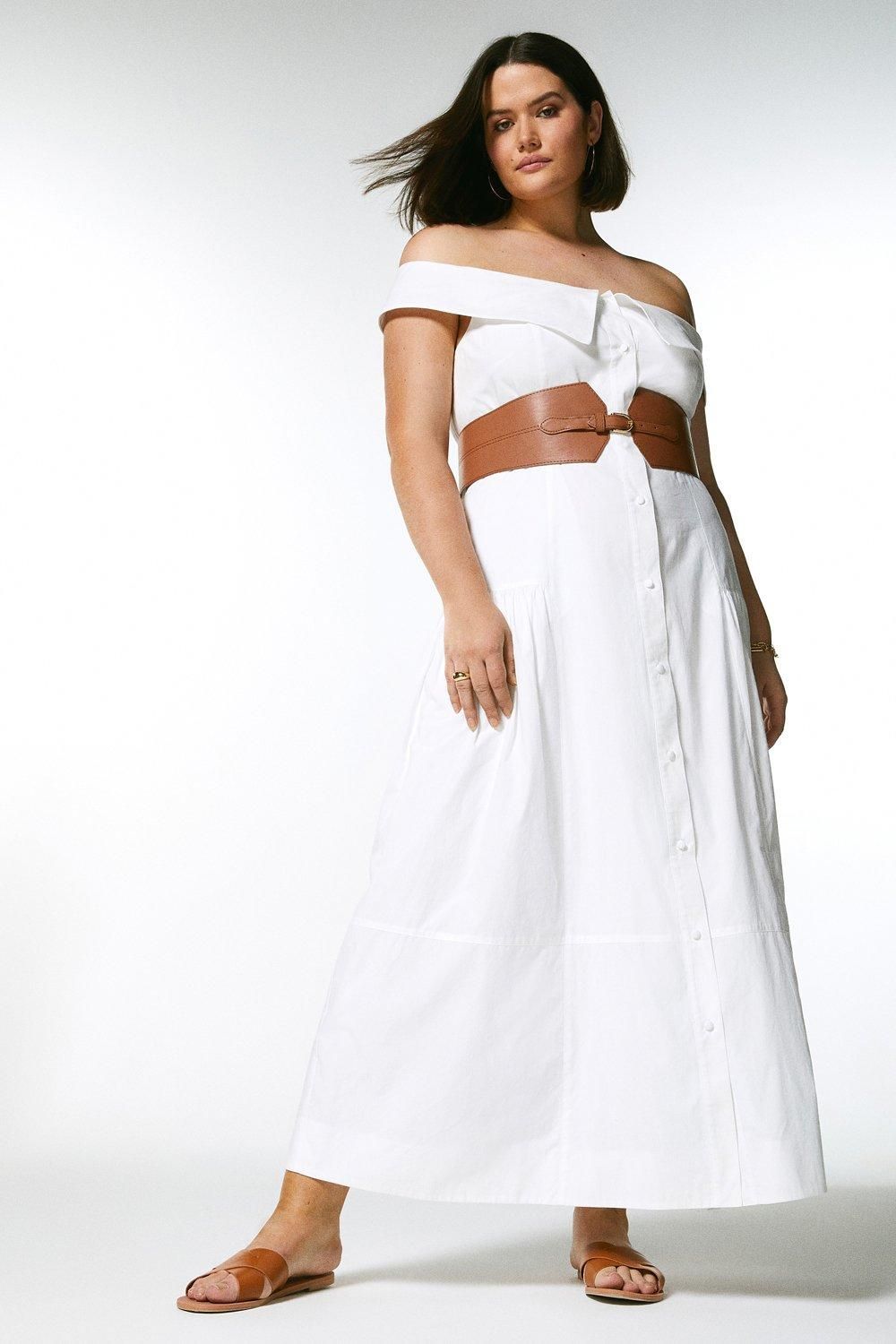 Curve Organic Cotton Belted Bardot Dress | Karen Millen UK & IE