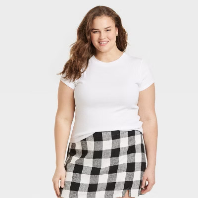 Women's Slim Fit Short Sleeve Cropped Ribbed T-Shirt - A New Day™ White M: Cotton Modal Spandex Blend | Target