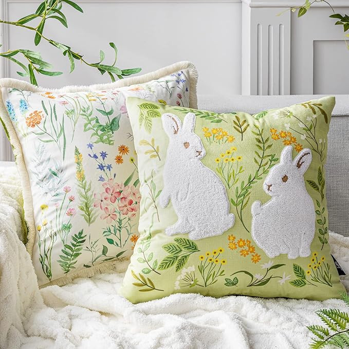 Phantoscope Pack of 2 Happy Easter Throw Pillow Covers - Tassel Trimmed Printed Colorful Flowers ... | Amazon (US)