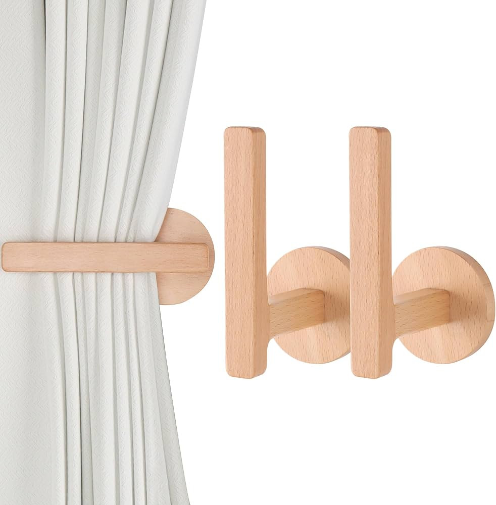 OCIOLI 2 Pieces of Curtain Tiebacks Wood Curtain Holdbacks Self Adhesive Curtain Holders L Shaped... | Amazon (US)