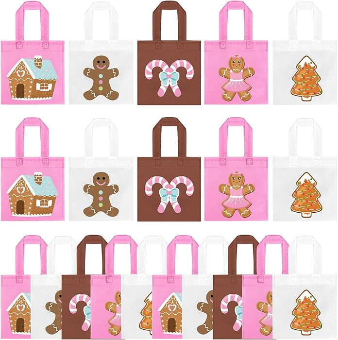 K KUMEED 20Pcs Christmas Party Favor Bags,Gingerbread Man Theme Party Gifts Bags Reusable Pink Ca... | Amazon (US)