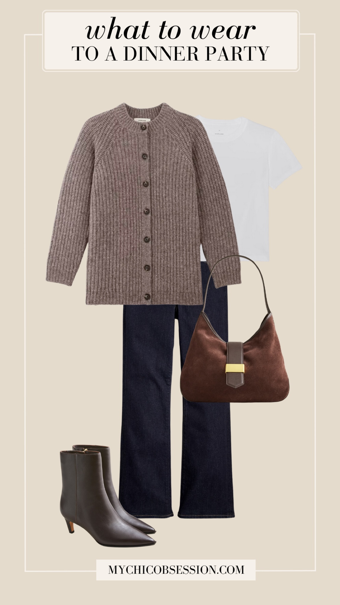 Cozy up for a fall dinner party in a cardigan from Everlane, a suede shoulder bag from J.Crew, dark wash jeans, leather ankle boots and a white tee.

#LTKParties #LTKHoliday #LTKStyleTip