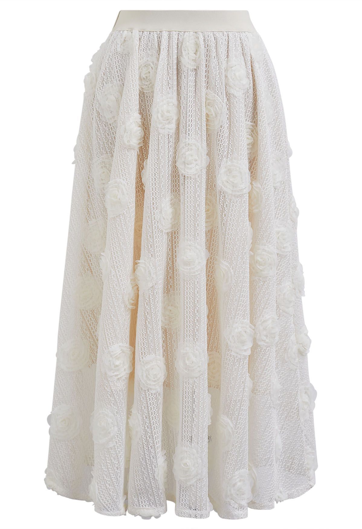 3D Rose Openwork Cotton Midi Skirt in Ivory | Chicwish