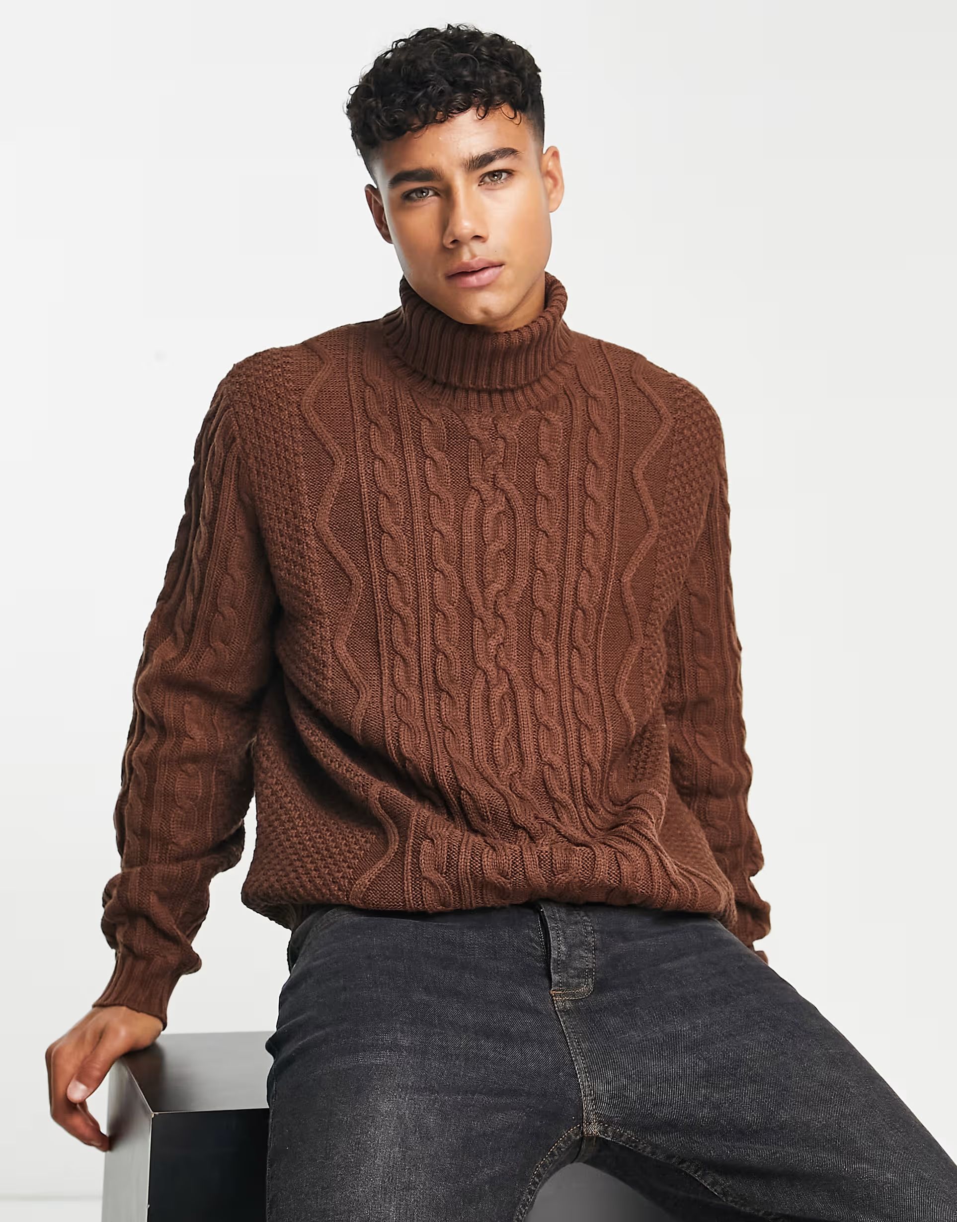 ASOS DESIGN cable knit roll neck sweater in brown | ASOS | ASOS (Global)