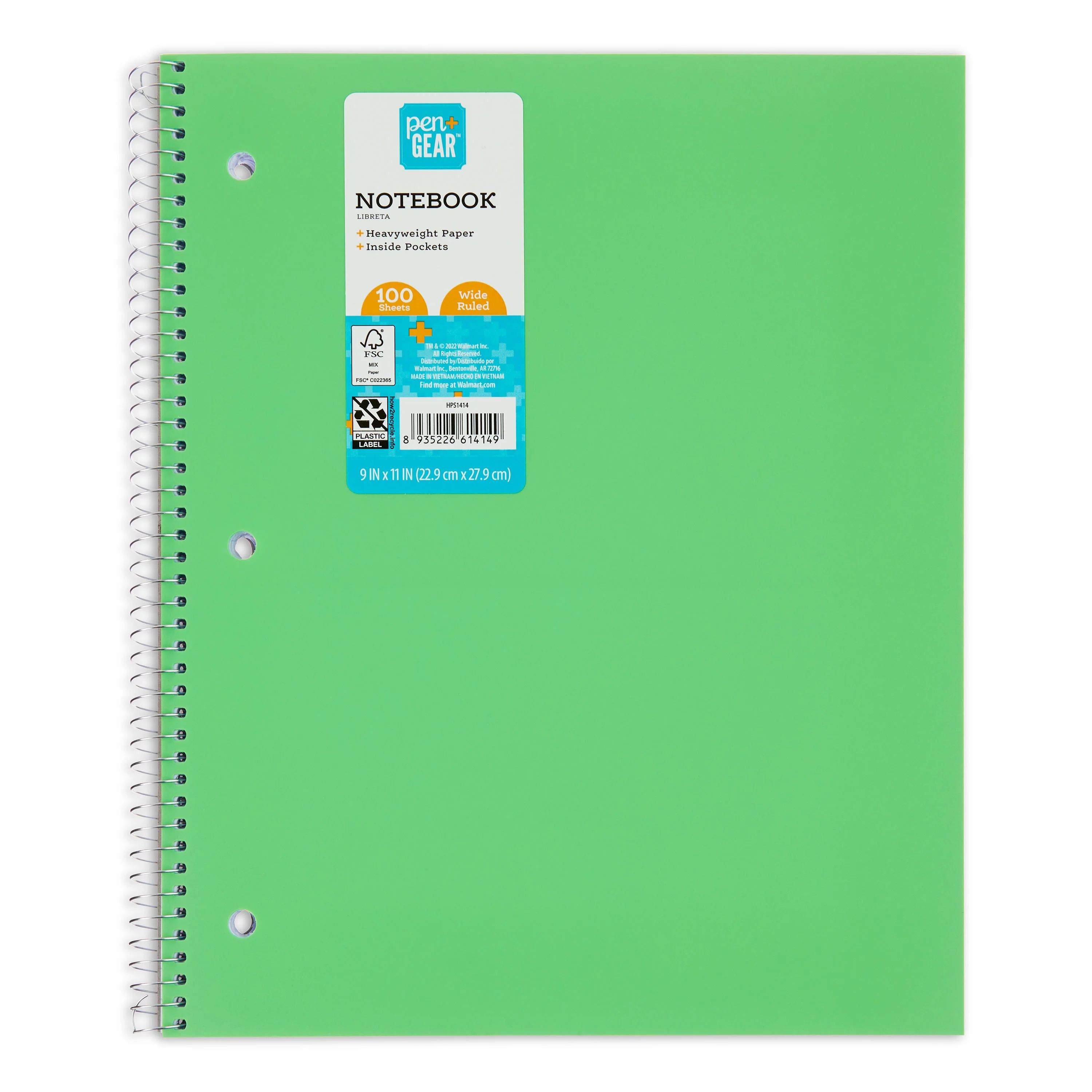 Pen+Gear Wide Rule 1-Subject Notebook, 10.5" x 8", Green, 100 Sheets | Walmart (US)