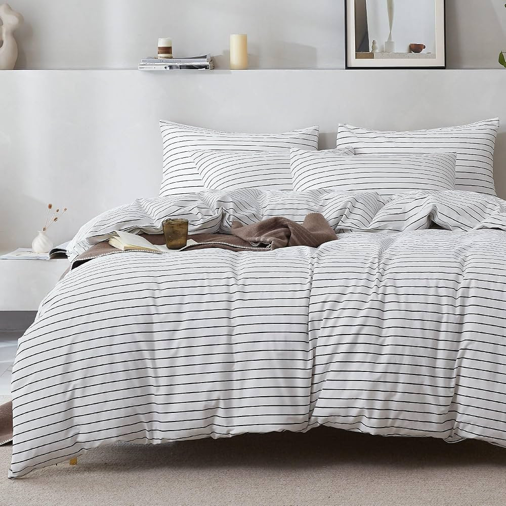 JELLYMONI 100% Natural Cotton 3pcs Striped Duvet Cover Sets, White Duvet Cover with Thin Black St... | Amazon (US)