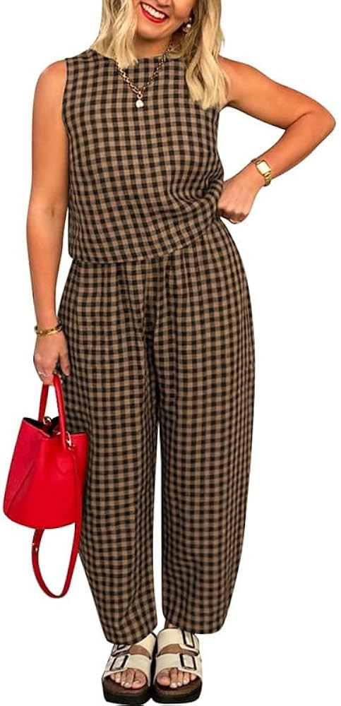 Melliflo Gingham Sets Women 2 Piece Outfits Sleeveless Plaid Loungewear Checkered Crop Tanks and ... | Amazon (US)