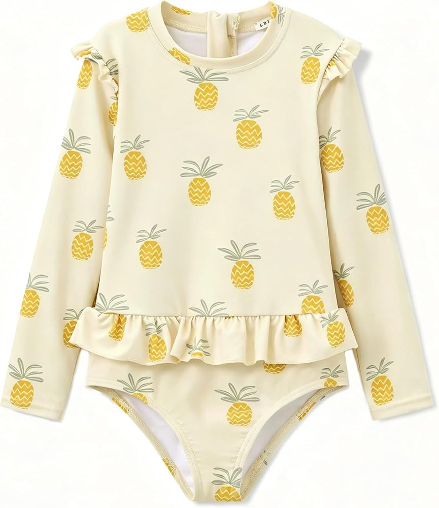 Girls One Piece Swimsuits Zipper Rash Guard Long Sleeve Bathing Suit with Ruffle Hem UPF50+ | Amazon (US)