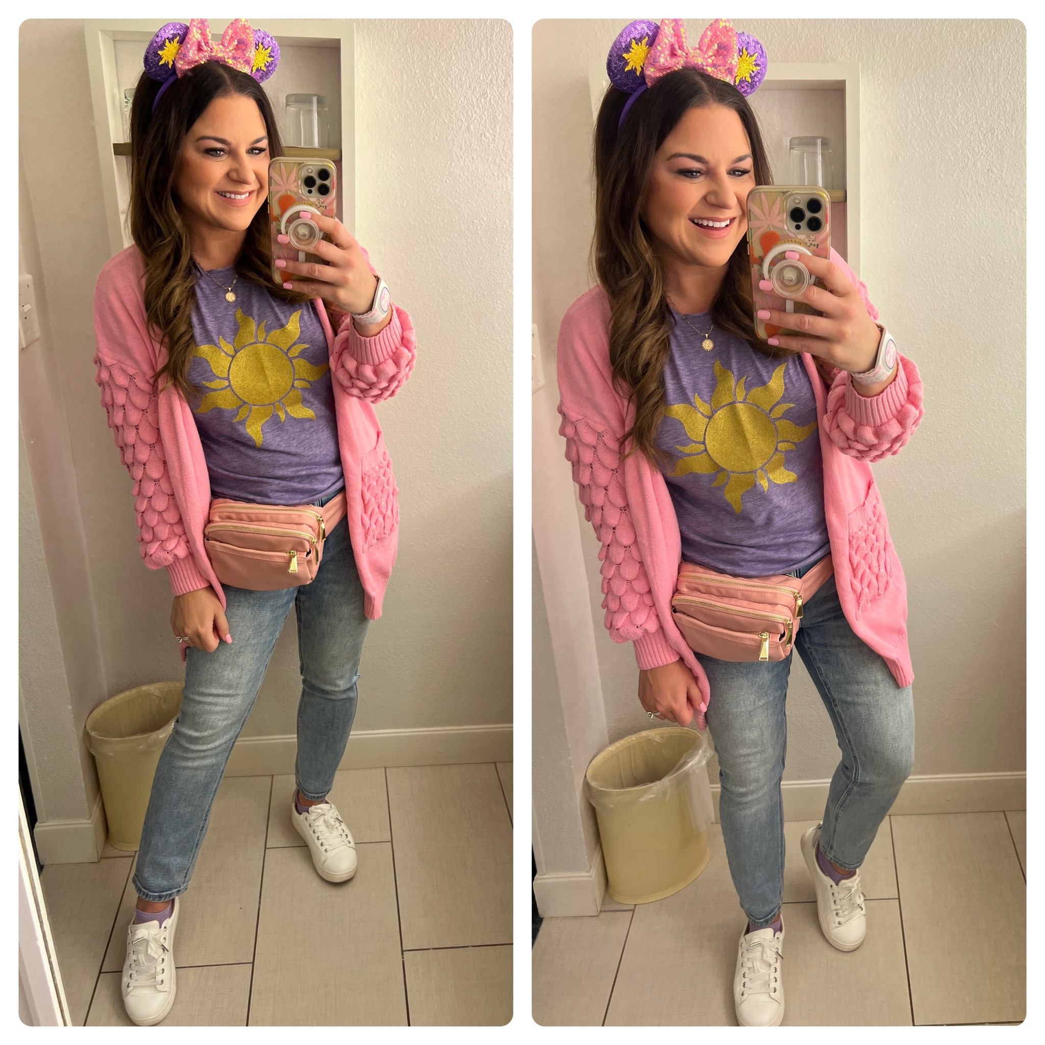 Disney outfit. Disney World. Disneyland. OOTD. Matching family Disney outfits. Rapunzel. tangled. Pink cardigan. Fanny pack. About bad. Amusement park outside. Disney outfit ideas.

#LTKtravel #LTKfindsunder50 #LTKstyletip
