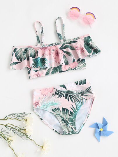 Toddler Girls Tropical Print Ruffle Bikini Swimsuit | SHEIN