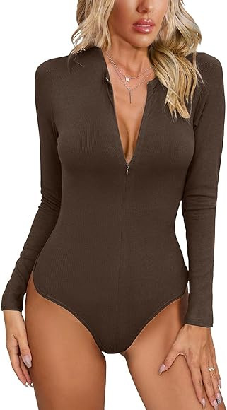 MISSJOY Women's Zipper Sexy V Neck Long Sleeve Ribbed Slimming Basic Bodysuit Tops T Shirts | Amazon (US)