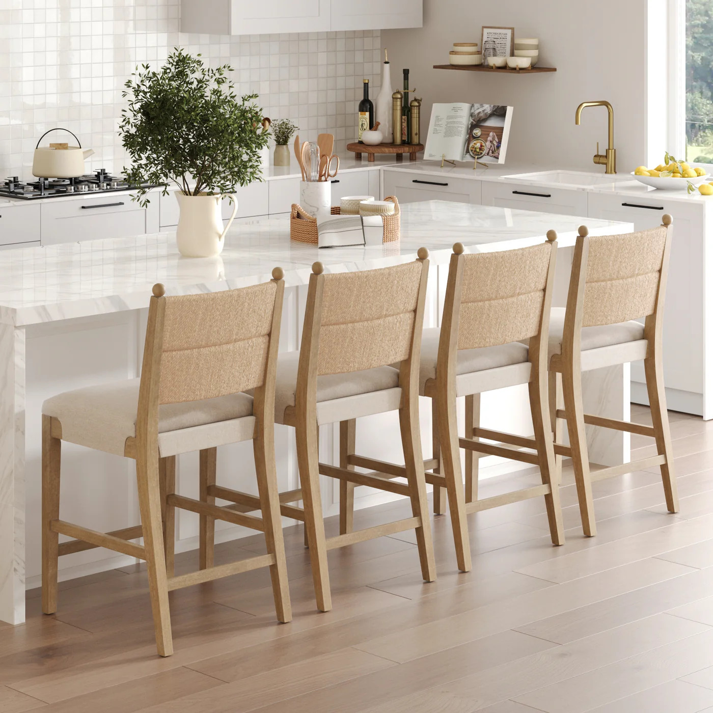 Seagrass & Wood Counter Height Bar Stool Light Brown (Set of 4) | Nathan James