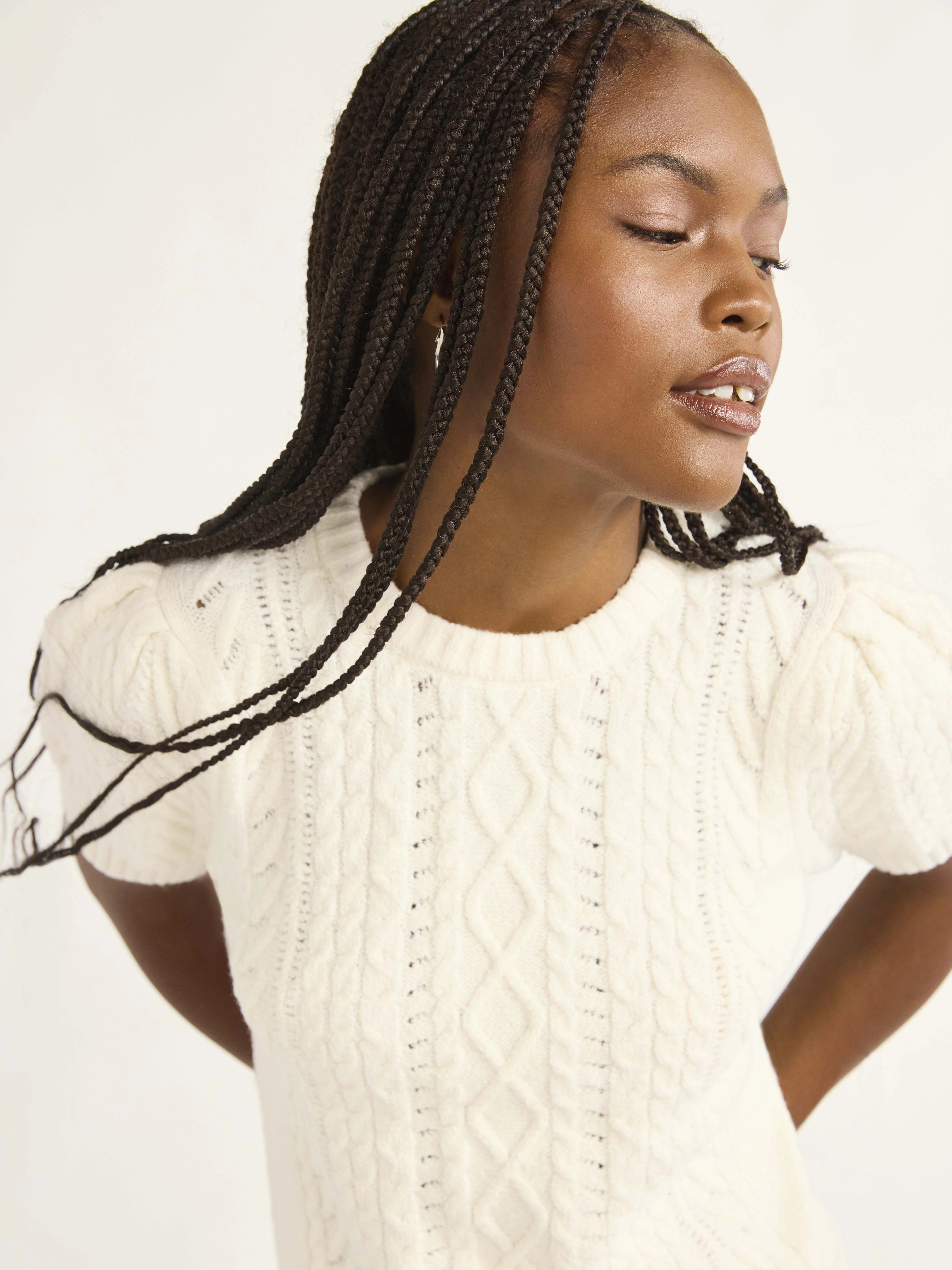 Free Assembly Women's Cable Knit Sweater with Short Puff Sleeves, Sizes XS-XXL | Walmart (US)