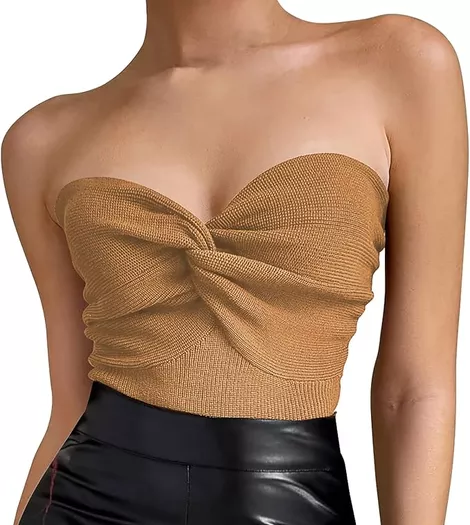 Twist Front Tube Top for Women Solid Ribbed Knit Crop Top Strapless Tank-Top