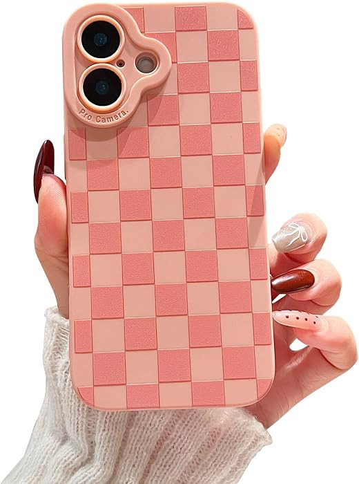Compatible with iPhone 16 Case Cute Checkered Pattern Design for Girls Women, Soft Silicone Shockproof Protective Designed for iPhone 16 Case-Pink | Amazon (US)