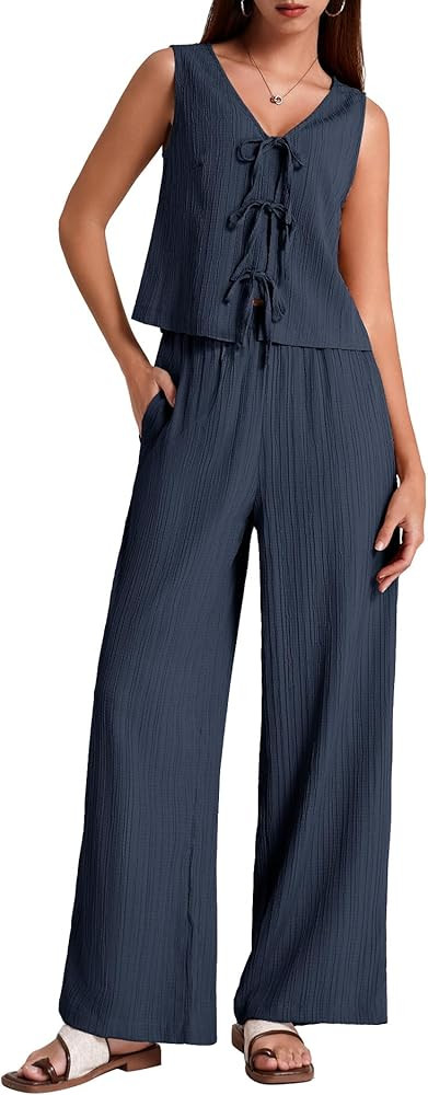 BeryLove Two Piece Sets for Women Summer Outfits Lounge Sets Cap Sleeve Tops Wide Leg Crop Pants ... | Amazon (US)