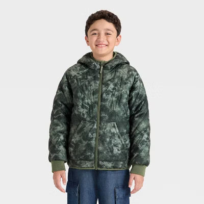 Boys' Denoeye Printed Hooded Reversible Puffer - Cat & Jack™ Olive Green M | Target