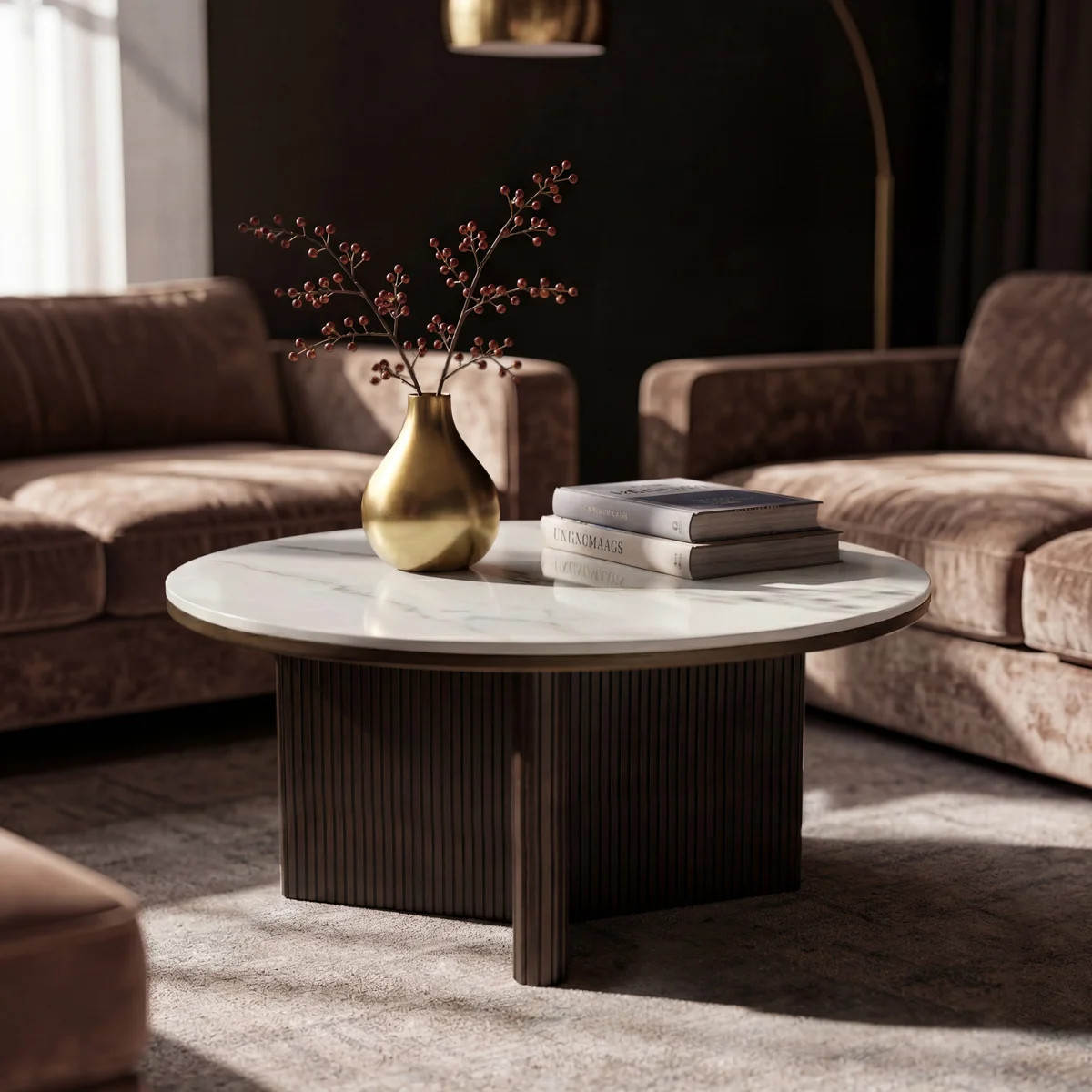 Alpena Modern Round 33 Inch Imitation Marble Coffee Table With Ribbed Base | Wayfair North America