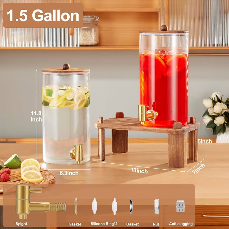 2 PCS 1.5 Gallon Drink dispenser, Glass Beverage Dispenser With Wood Stand, Large Water Drink Dis... | Amazon (US)