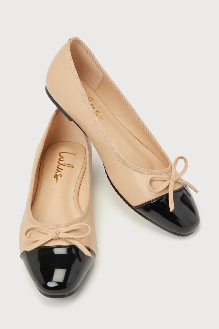 Marinna Light Nude and Black Color Block Bow Ballet Flats | Lulus