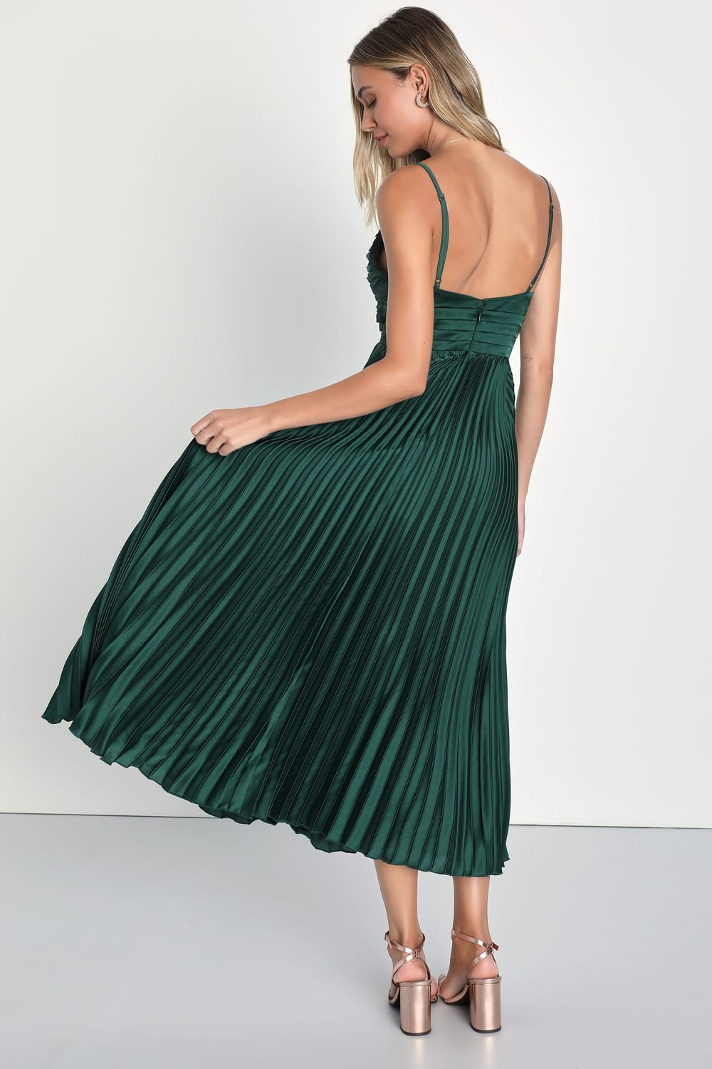 Fabulous Perfection Emerald Green Satin Pleated Midi Dress | Lulus (US)