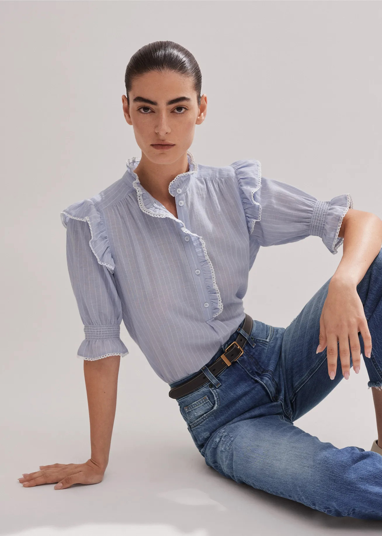 Cotton Voile Stripe Short Sleeve Top | ME+EM US