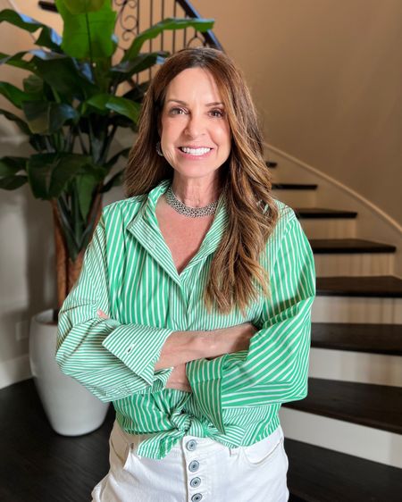 I'm loving the subtle pattern mixing of the stripes in this green and white button down top. I also like wearing this shirt open as a swimsuit coverup or as a topper over a tank. Wearing a size small.
#summerstyle #outfitinspo #vacationoutfit #petitefashion

#LTKFind #LTKSeasonal #LTKstyletip