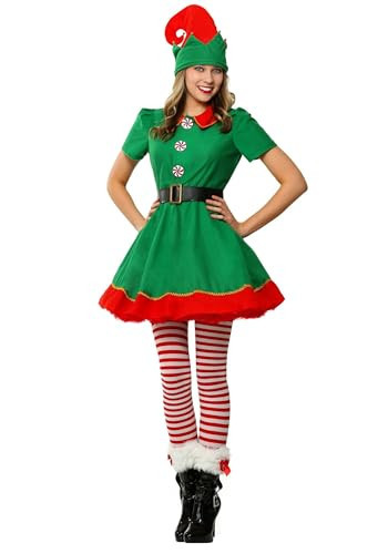 Adult Holiday Elf Costume, Women's Elf Outfit with Elf Dress, Hat, and Belt, Christmas Costume for Women Medium | Amazon (US)